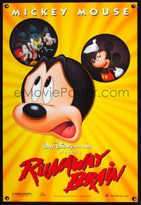 6s477 RUNAWAY BRAIN DS 1sh '95 Disney, great huge Mickey Mouse Jekyll & Hyde cartoon image!
