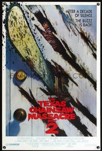 6s545 TEXAS CHAINSAW MASSACRE PART 2 door style 1sh '86 Tobe Hooper horror sequel, cool Huston art!