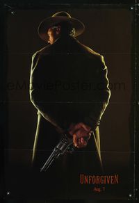 6s581 UNFORGIVEN DS teaser 1sh '92 classic image of gunslinger Clint Eastwood with his back turned!
