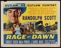6t466 RAGE AT DAWN 1/2sh '55 cool artwork of outlaw hunter Randolph Scott by train!