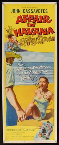 6v328 AFFAIR IN HAVANA insert '57 John Cassavetes in Cuba, art of Sara Shane in swimsuit on beach!