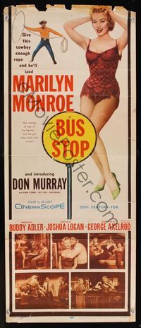 6v371 BUS STOP insert '56 cowboy Don Murray with lasso + full-length sexy Marilyn Monroe!