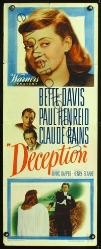 6v405 DECEPTION insert '46 great close headshot of Bette Davis, Paul Henreid, Claude Rains