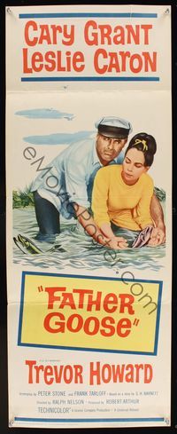 6v432 FATHER GOOSE insert '65 art of sea captain Cary Grant & pretty Leslie Caron catching fish!