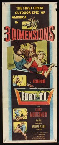6v439 FORT TI insert '53 Fort Ticonderoga, cool 3-D art of George Montgomery & girls fighting!