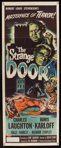 6v621 STRANGE DOOR insert '51 art of chained Boris Karloff, Charles Laughton & sexy Sally Forrest!
