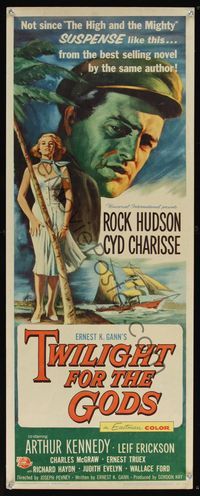 6v652 TWILIGHT FOR THE GODS insert '58 great artwork of Rock Hudson & sexy Cyd Charisse on beach!