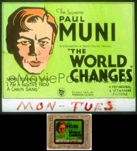 6w115 WORLD CHANGES glass slide '33 artwork of Paul Muni in 4 generations of breath-taking drama!