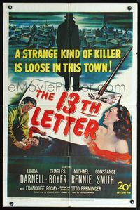 6x007 13th LETTER 1sh '51 Otto Preminger, Linda Darnell, a strange kind of killer is loose!