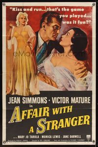 6x024 AFFAIR WITH A STRANGER style A 1sh '53 artwork of Jean Simmons, Victor Mature & sexy bad girl!