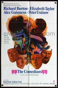 6x185 COMEDIANS style B 1sh '67 art of Richard Burton, Elizabeth Taylor, Alec Guinness & Ustinov!