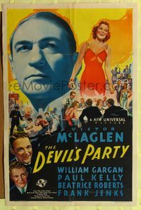 6x209 DEVIL'S PARTY 1sh '38 professional gambler Victor McLaglen with pretty Beatrice Roberts!