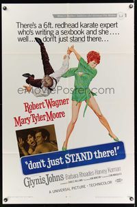 6x219 DON'T JUST STAND THERE 1sh '68 wacky art of sexiest Barbara Rhoades throwing Robert Wagner!