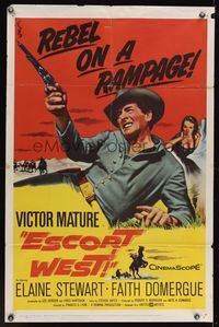 6x266 ESCORT WEST 1sh '59 close up art of cowboy Victor Mature with gun & Elaine Stewart!