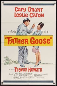 6x291 FATHER GOOSE 1sh '65 art of sea captain Cary Grant yelling at pretty Leslie Caron!
