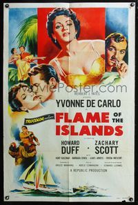 6x314 FLAME OF THE ISLANDS 1sh '55 Yvonne De Carlo kissing Howard Duff & in sexy dress!