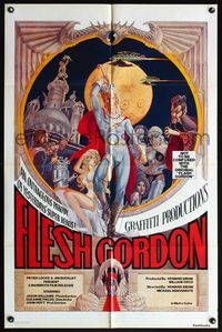 6x316 FLESH GORDON 1sh '74 sexy sci-fi spoof, wacky erotic super hero art by George Barr!