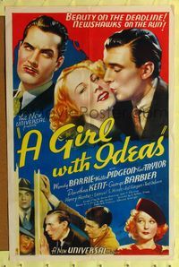 6x354 GIRL WITH IDEAS 1sh '37 great art of Wendy Barrie, Walter Pidgeon & Kent Taylor!