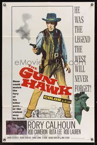 6x374 GUN HAWK 1sh '63 cool art of cowboy Rory Calhoun with smoking gun!
