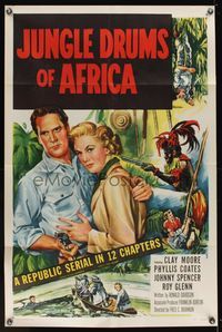 6x461 JUNGLE DRUMS OF AFRICA 1sh '52 Clayton Moore with gun & Phyllis Coates, entire serial!