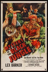 6x572 MYSTERY OF THE BLACK JUNGLE 1sh '55 cool art of Lex Barker w/rifle by tiger hunting in India!