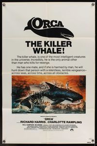 6x625 ORCA 1sh '77 wild artwork of attacking Killer Whale by John Berkey, it kills for revenge!
