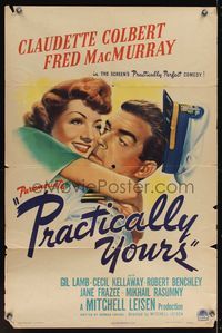 6x673 PRACTICALLY YOURS style A 1sh '44 Claudette Colbert hugging Air Force pilot Fred MacMurray!
