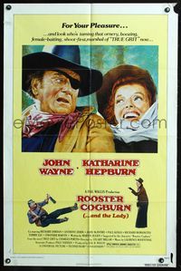 6x745 ROOSTER COGBURN 1sh '75 great art of John Wayne with eyepatch & Katharine Hepburn!
