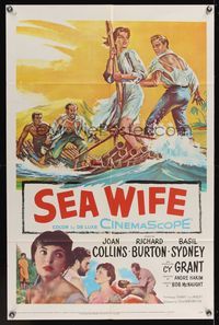 6x765 SEA WIFE 1sh '57 great castaway artwork of sexy Joan Collins & Richard Burton on raft at sea!