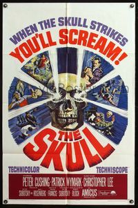 6x802 SKULL 1sh '65 Peter Cushing, Christopher Lee, cool horror artwork of creepy skull!