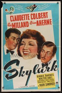 6x804 SKYLARK style A 1sh '41 great art of Claudette Colbert, Ray Milland & Brian Aherne!