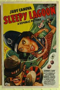 6x810 SLEEPY LAGOON 1sh '43 wacky art of Judy Canova slugging crooked gambler with billy club!