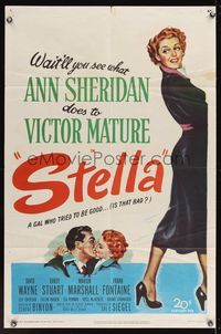6x851 STELLA 1sh '50 full-length art of sexy Ann Sheridan trying to be good to Victor Mature!