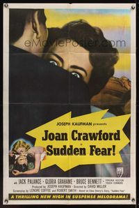 6x862 SUDDEN FEAR style B 1sh '52 great image of terrified Joan Crawford, Jack Palance!