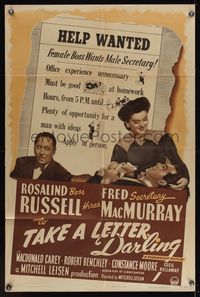 6x874 TAKE A LETTER DARLING style A 1sh '42 Rosalind Russell is secretary Fred MacMurray's boss!