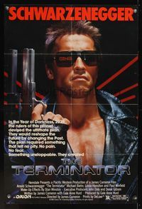 6x884 TERMINATOR 1sh '84 super close up of most classic cyborg Arnold Schwarzenegger with gun!