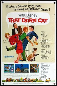 6x888 THAT DARN CAT style A 1sh '65 great art of Hayley Mills & Walt Disney Siamese feline!