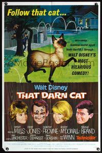 6x889 THAT DARN CAT style B 1sh '65 great art of Hayley Mills & Disney Siamese feline on fence!