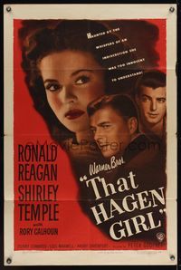 6x891 THAT HAGEN GIRL 1sh '47 great close images of Ronald Reagan & grown up Shirley Temple!