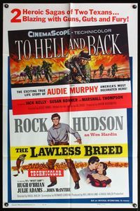 6x917 TO HELL & BACK/LAWLESS BREED 1sh '60 Texans Audie Murphy & Rock Hudson double-bill!