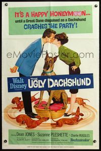 6x941 UGLY DACHSHUND 1sh '66 Walt Disney, great art of Great Dane with wiener dogs!