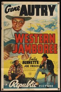 6x965 WESTERN JAMBOREE 1sh '38 Gene Autry smiling and playing guitar, Smiley Burnette!