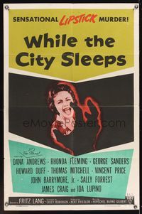 6x976 WHILE THE CITY SLEEPS style A 1sh '56 great image of Lipstick Killer's victim, Fritz Lang noir
