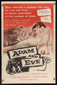 6y011 ADAM & EVE red 1sh '58 sexiest art of naked man & woman in the Mexican Garden of Eden!