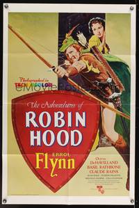 6y017 ADVENTURES OF ROBIN HOOD 1sh R76 cool art of Errol Flynn as Robin Hood, Olivia De Havilland!