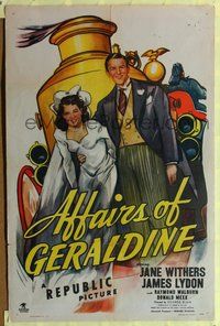 6y018 AFFAIRS OF GERALDINE 1sh '46 art of newly married Jane Withers & Jimmy Lydon & fire engine!