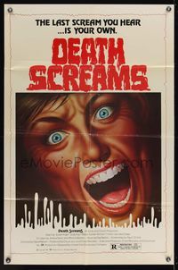 6y174 DEATH SCREAMS 1sh '82 David Nelson, horror art of screaming woman!