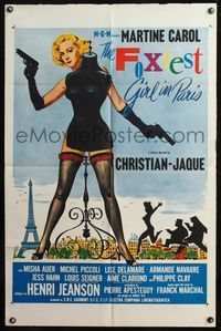 6y243 FOXIEST GIRL IN PARIS 1sh '57 sexy Martine Carol hides behind mannequin w/two pistols!