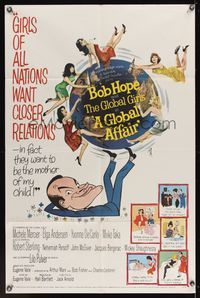 6y277 GLOBAL AFFAIR 1sh '64 great art of Bob Hope spinning Earth & sexy girls, Yvonne De Carlo!