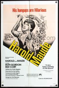 6y325 HAROLD & MAUDE 1sh R79 Ruth Gordon, Bud Cort is equipped to deal w/life!